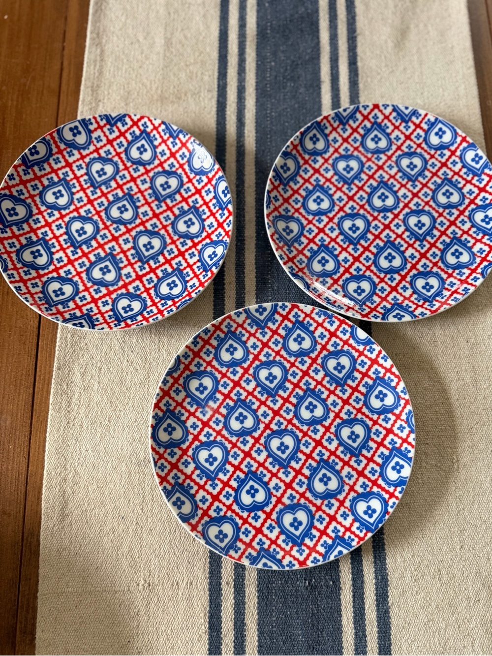 3 Taste Setter Collection Blue Hearts Red White Stripe Side Salad Plates 7 5/8”